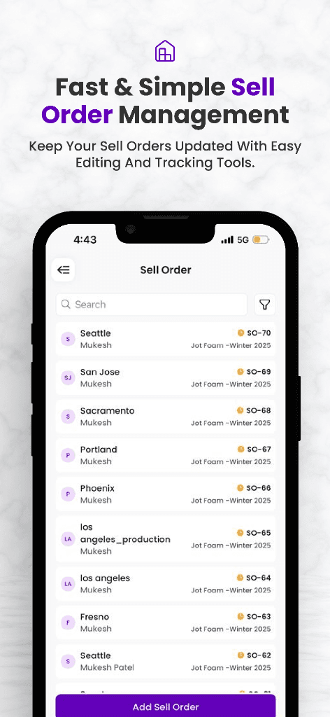 Sell Orders Screen